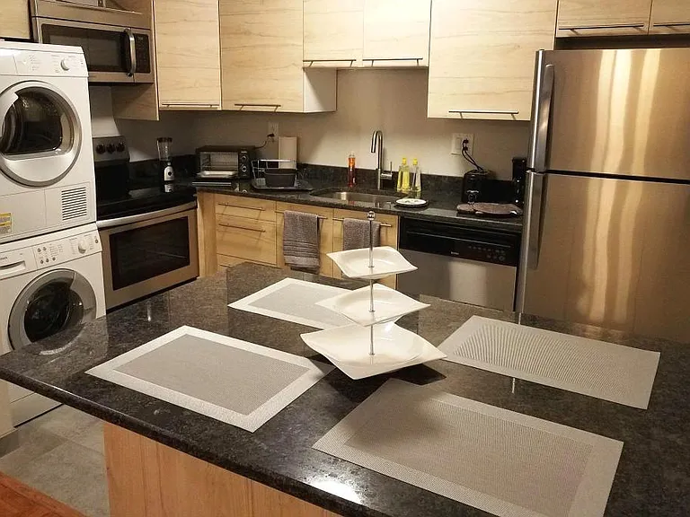 The kitchen has everything! (stove, microwave, dishwasher, refrigerator, washer-dryer)