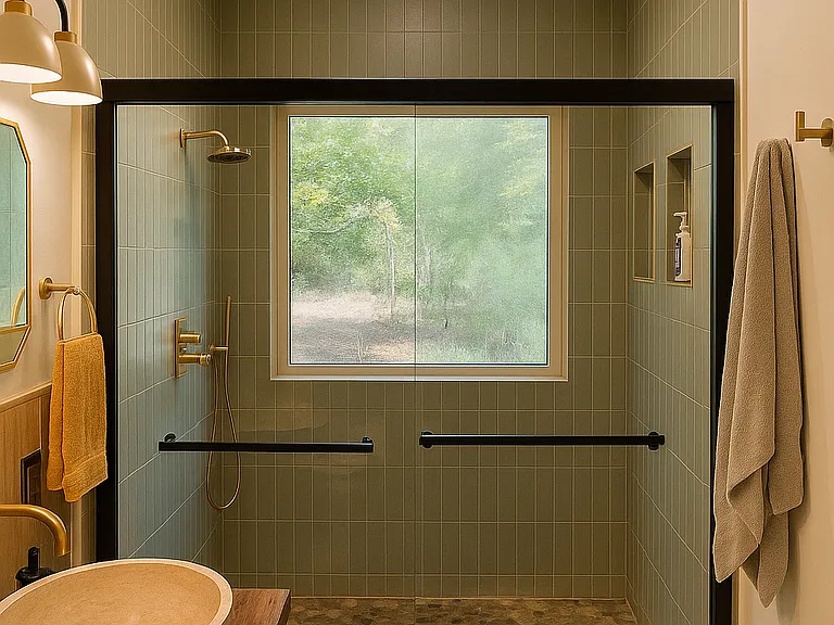 Newly renovated bathroom with rain shower and spray bidet.