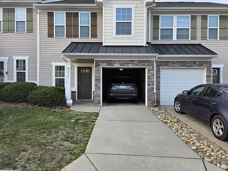 View from front, open garage