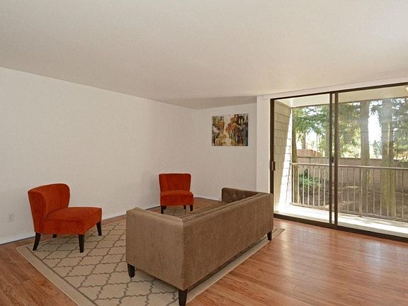 Staged living room, view from kitchen
