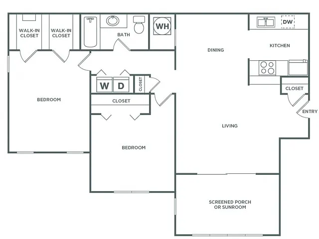 Floor plan Two Bedroom One Bath (1100 SF)