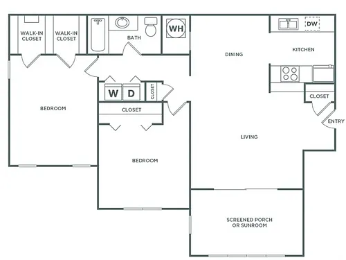 Floor plan Two Bedroom One Bath (1100 SF)