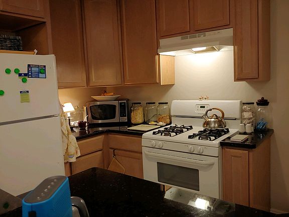 The kitchen comes with a stove, fridge & dishwasher. It has granite countertops and porcelain tile flooring. Compact and very functional. To the right of the stove is a door that leads to the rear steps and then down to the basement or outside.