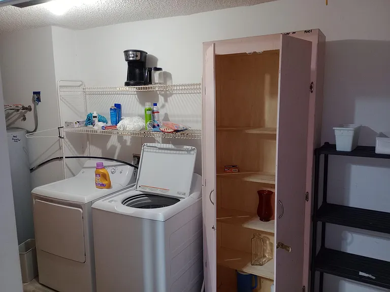 Dedicated laundry area with washer/dryer, wire shelving for supplies, and additional storage cabinets for household items.
