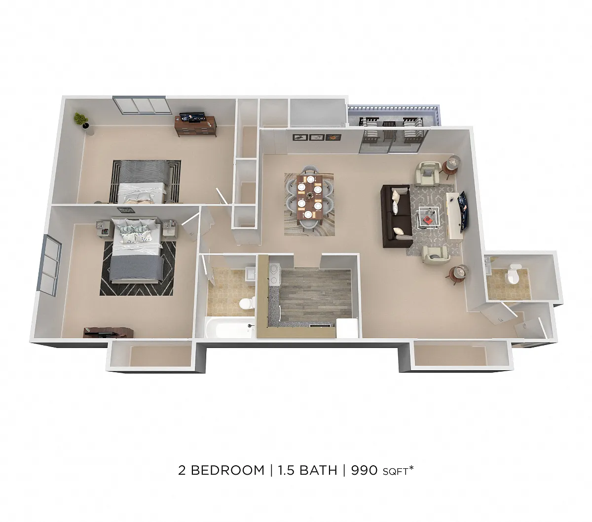 Floor plan Two Bedroom 1.5 Bath - 980 sqft