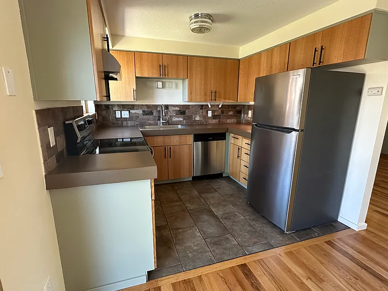 All stainless appliances with concrete countertops, quarter sawn oak cabinet front and soft close drawers.