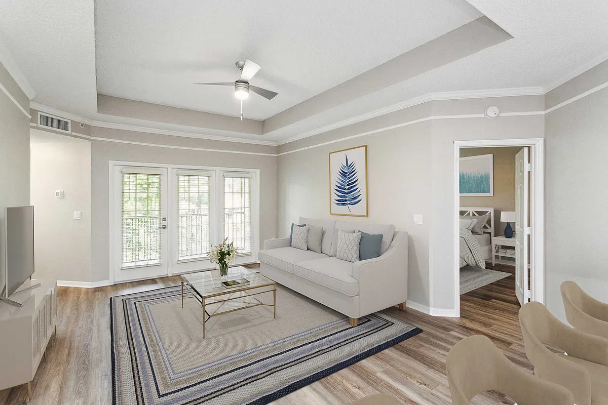 Living Room with Wood-Style Flooring - The Ashlar