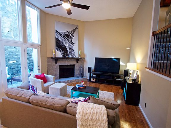 Working fireplace provides a focal point for the room