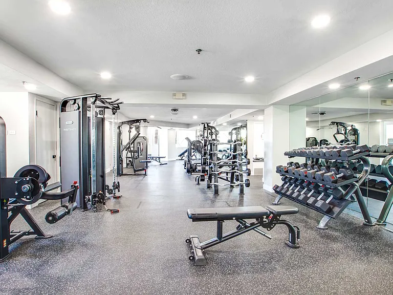 Fully-equipped fitness center includes cardio and weight training machines