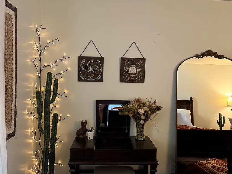 Vanity provides potential extension steps from the bathroom.