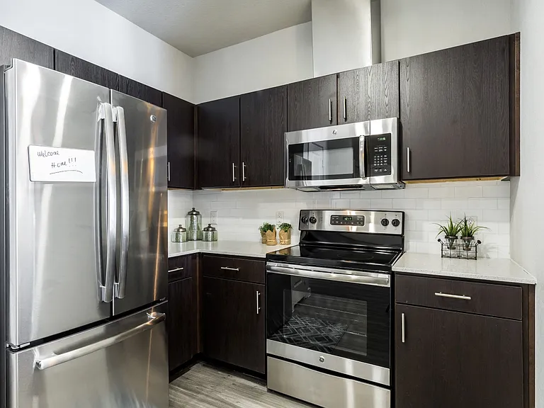 Kitchen with dark cabiets, stainless steel appliances, quartz countertops, and subway tile backsplash