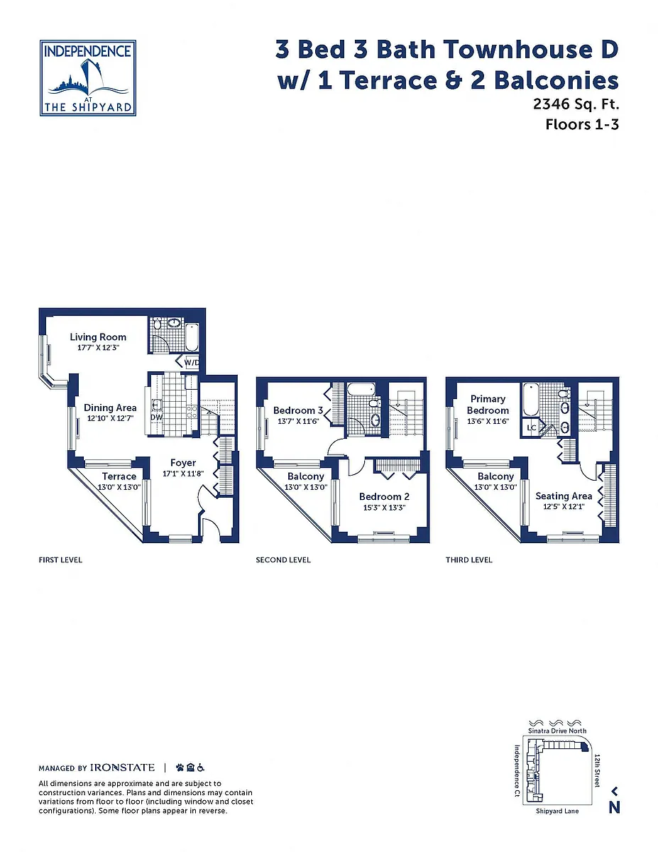 Floor plan 3 Bed 3 Bath Townhouse D 2 Balconies and Terrace