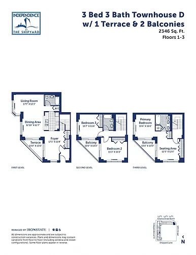 Floor plan 3 Bed 3 Bath Townhouse D 2 Balconies and Terrace