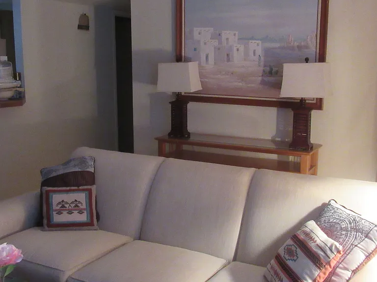 The "open concept" living area is well-appointed with ample lighting and attractive art work.