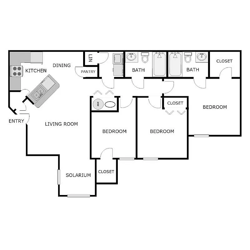 Floor plan 3 Bedroom 2 Bathroom - Straight Bedroom Layout