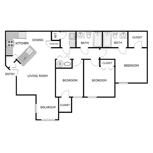 Floor plan 3 Bedroom 2 Bathroom - Straight Bedroom Layout