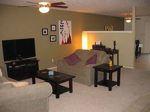 Large, open living room with new paint, carpet and ceiling fan