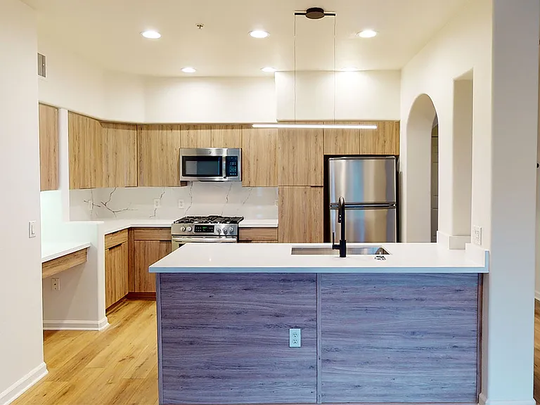 Apartment kitchen with stainless steel appliances, quartz countertops and wood-style flooring.