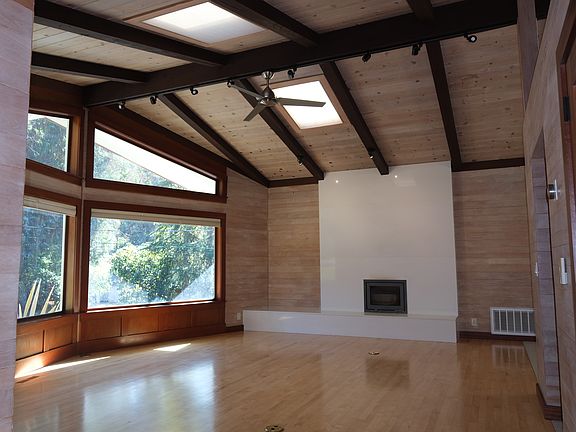 Living room has two skylights, fireplace, hardwood floors.