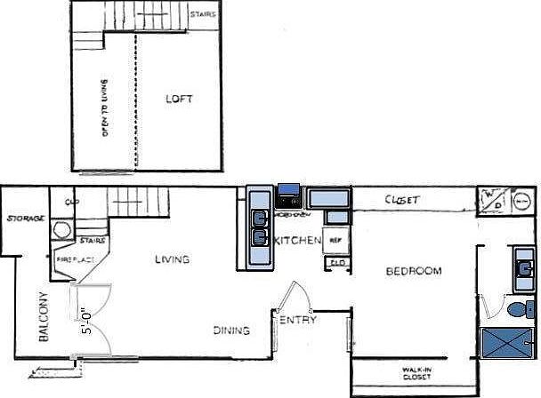 Drawing of Unit - main floor and loft upstairs