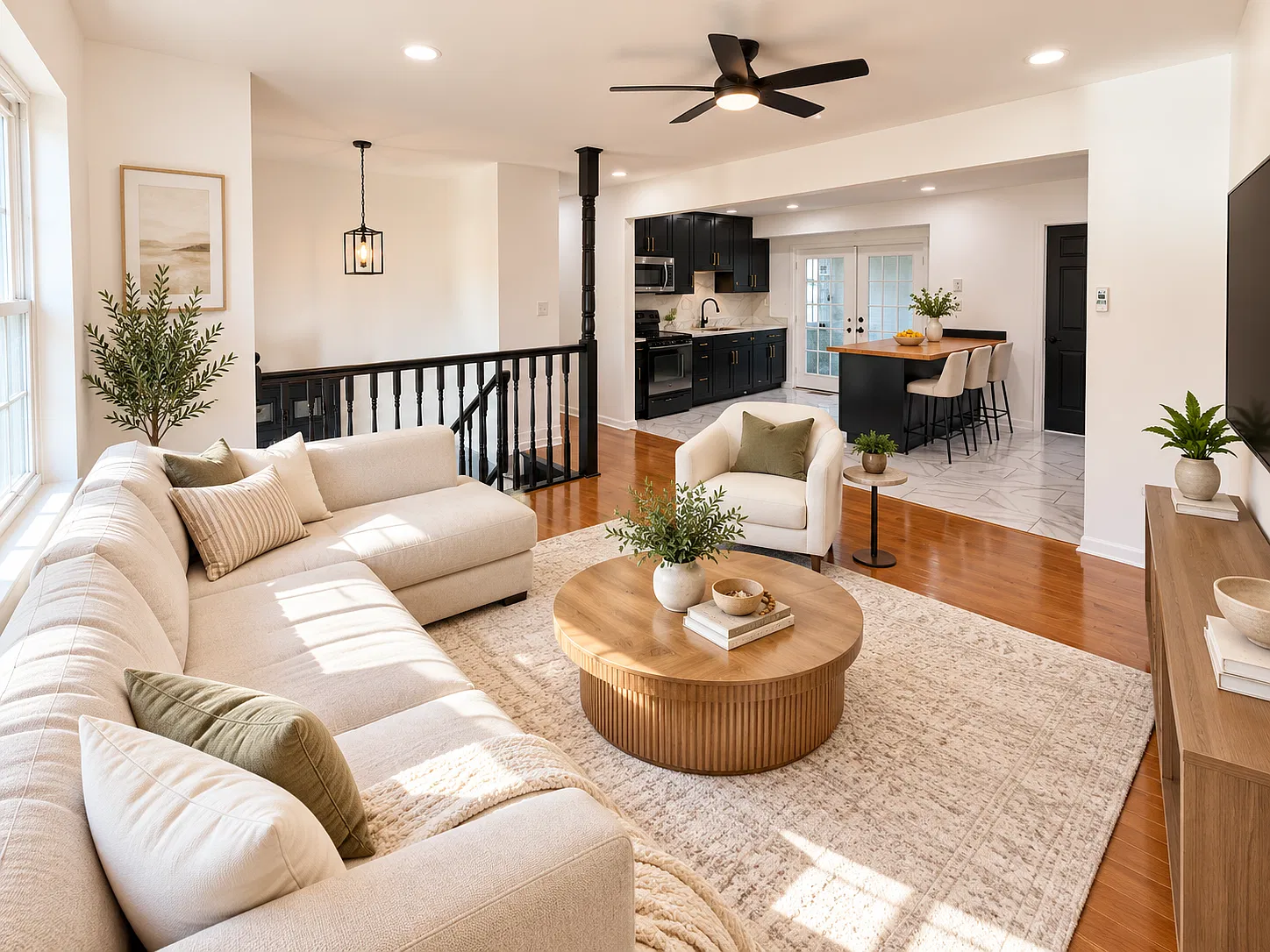 Living room and Kitchen combo virtually staged .