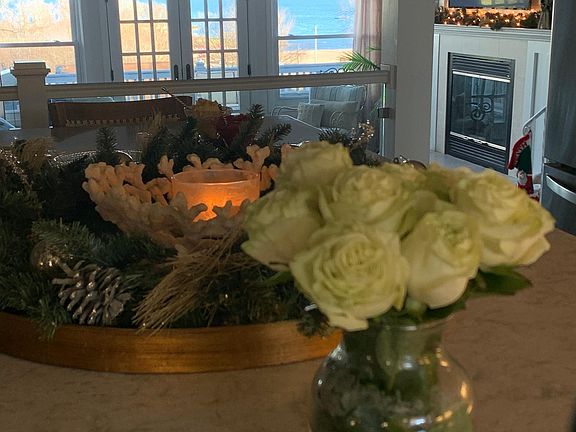 kitchen island to upstairs Living room with walk out deck