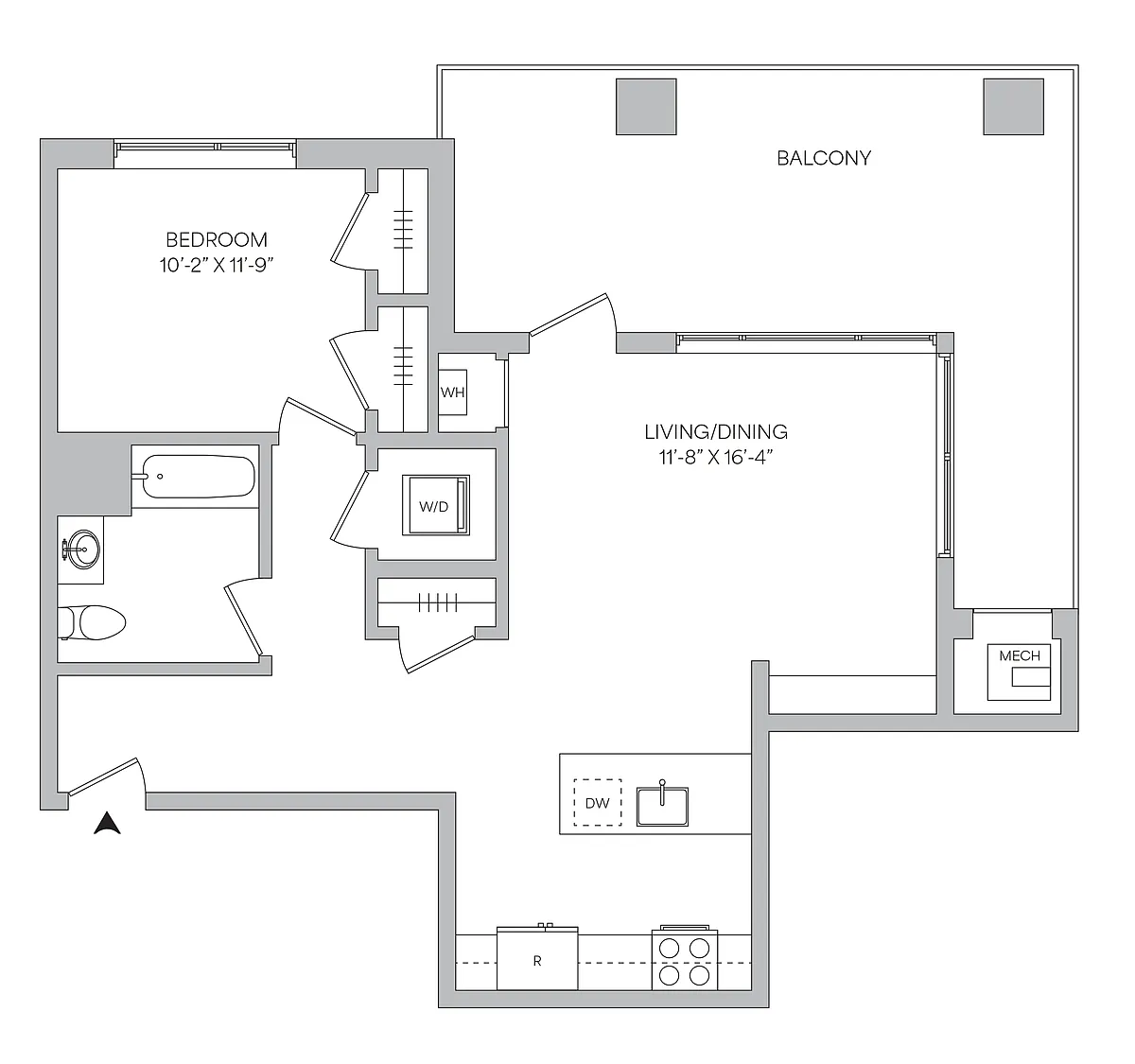 Floor plan A05 - 1BR 1BA (816 SF)