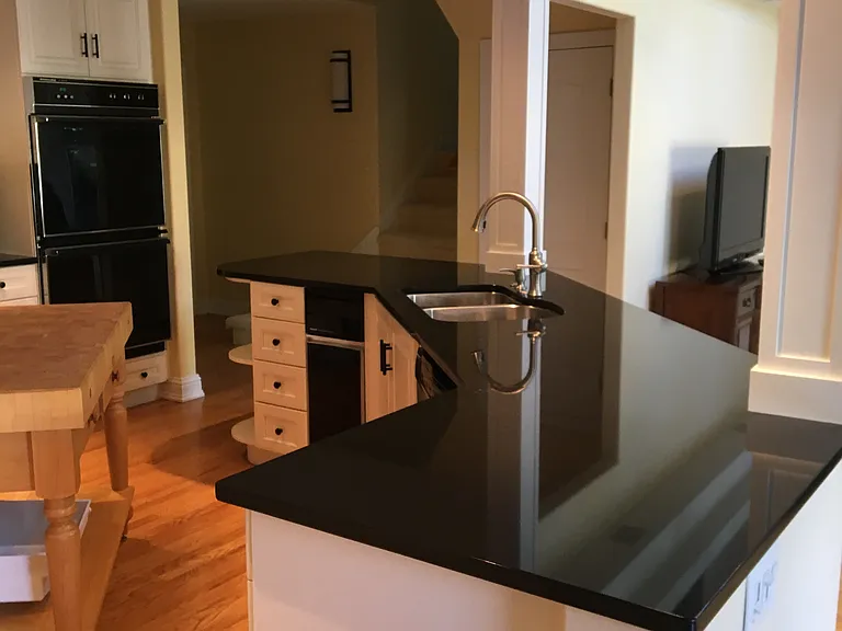 Sink with disposal and Bosch stainless steel dishwasher. Pull down faucet.Granite countertop.