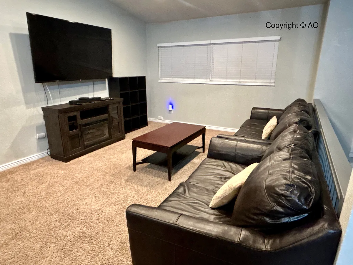 Fully furnished living room with big screen TV - Moonbeam Cir S
