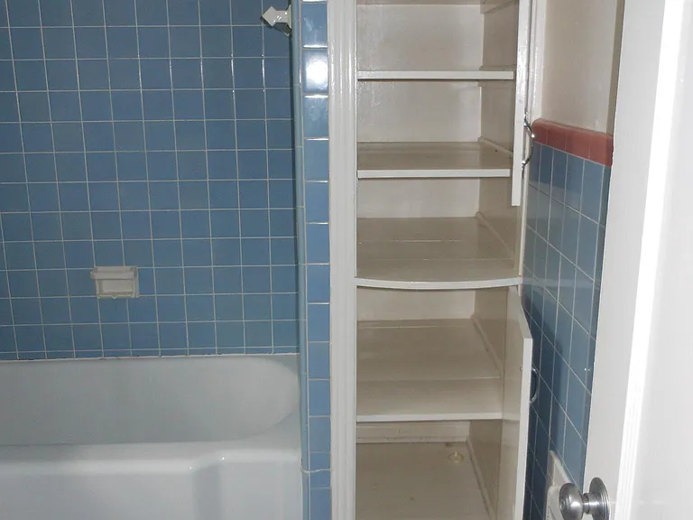Linen/storage closet and clothes hamper space (bottom) in the bathroom