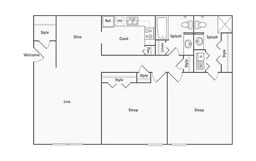 Floor plan 2 BR x 2 BA - Washer/Dryer