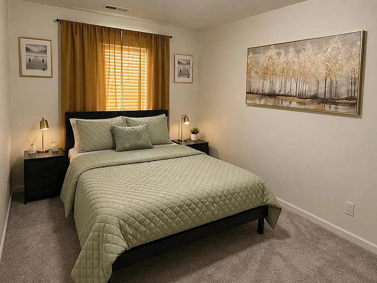 Furnished bedroom with a full-size bed, matching nightstands, soft carpet, and a window with blinds and curtains.