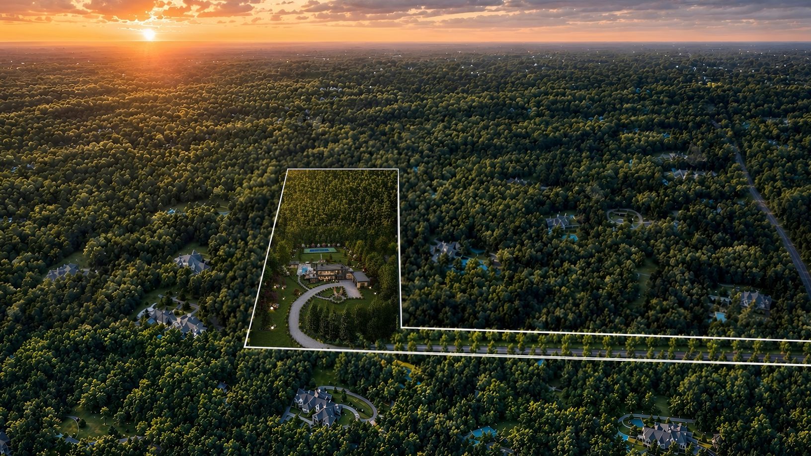  Expansive aerial perspective showcasing the property’s  scale, privacy, and serene setting.