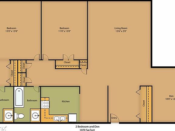 2 bed 2 bath 1070 sq ft
