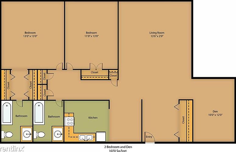 2 bed 2 bath 1070 sq ft