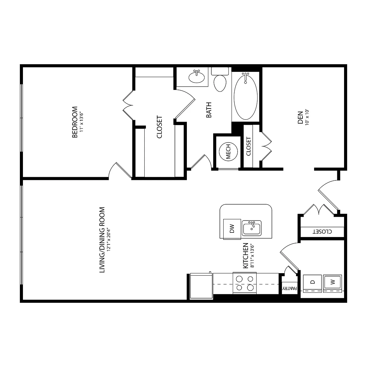 Floor plan 1 Bedroom + Den, 1 Bath 970 SF B5