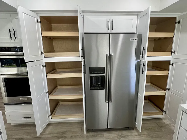 Large kitchen storage cabinets with pull out shelving