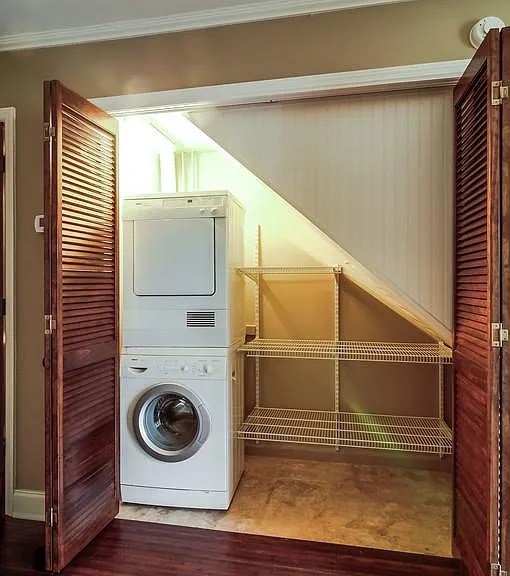 washer, dryer, storage shelving