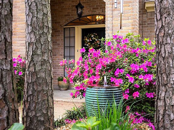 Inviting entrance with the fountain and the azaleas blooming.