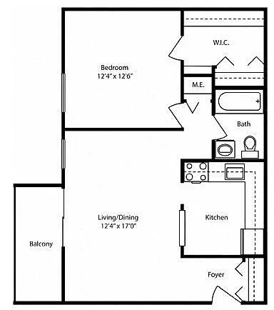 Floor plan 1 Bedroom w/Balcony Patio