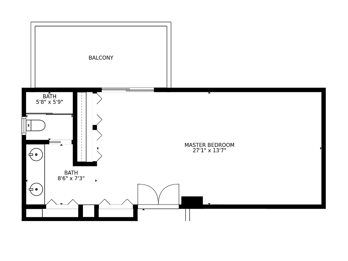 This private master suite is on the upper floor of a large custom home. Double entry doors at the top of the stairs at the bottom of the image. The private waterview deck is at the top of the image, and is a full eastern view. - Honeymoon Bay Rd