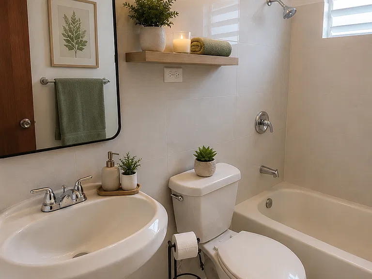 Bathroom digitally staged to generate ideas for your spa-like bath creation.