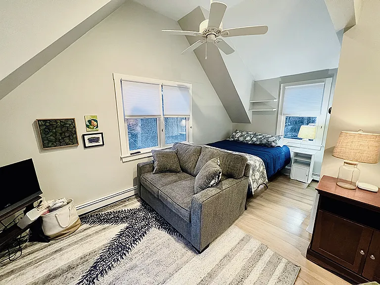 Detached Studio apartment with small kitchen, vaulted ceiling, loveseat, lounge chair, kitchen bar seating, ceiling fan, queen bed, large closet, and bathroom with shower. The Studio also has it's own laundry facilities in the garage below.
