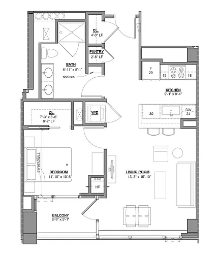 Floor plan 1 Bed/1 Bath-1G-2