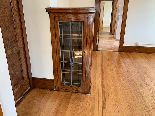 Leaded glass built-in cabinets.