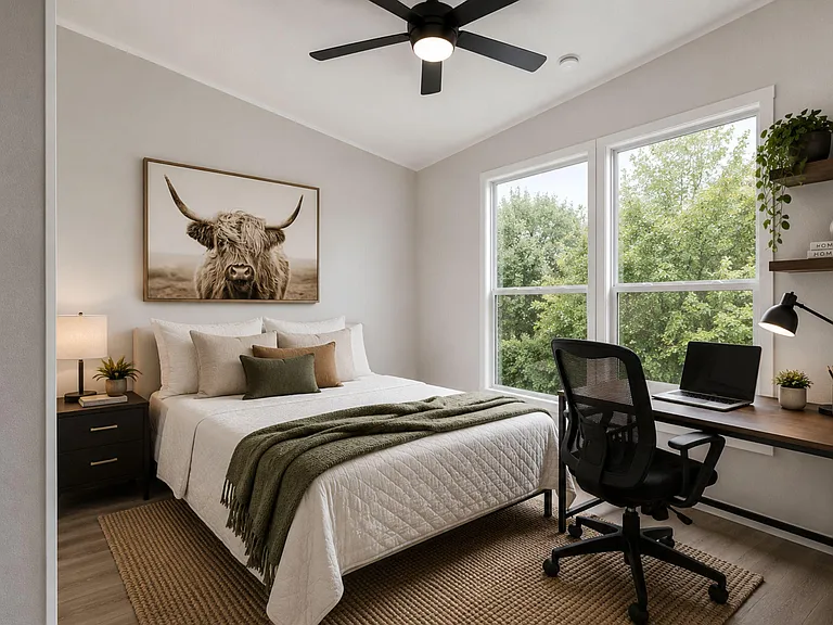 Bedroom with full bed, nightstand, and dedicated desk workspace, plus large windows and a ceiling fan for comfort.