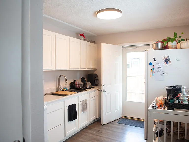 kitchen looking to back door to private oasis