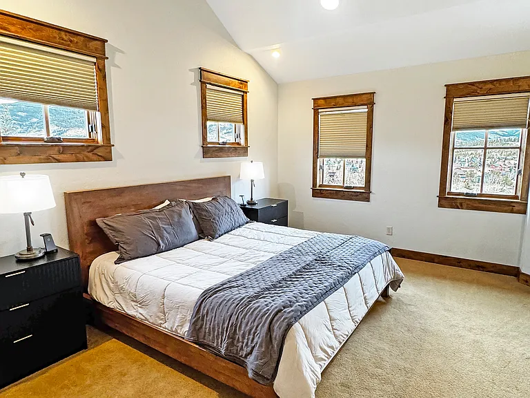 Primary bedroom, fireplace, king bed