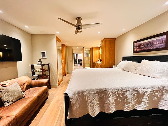 Bedroom and leather sofa.