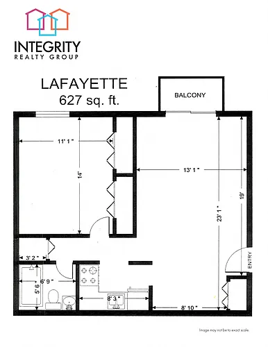 Floor plan 1 Bed/1 Bath/627 sq ft/Renovated